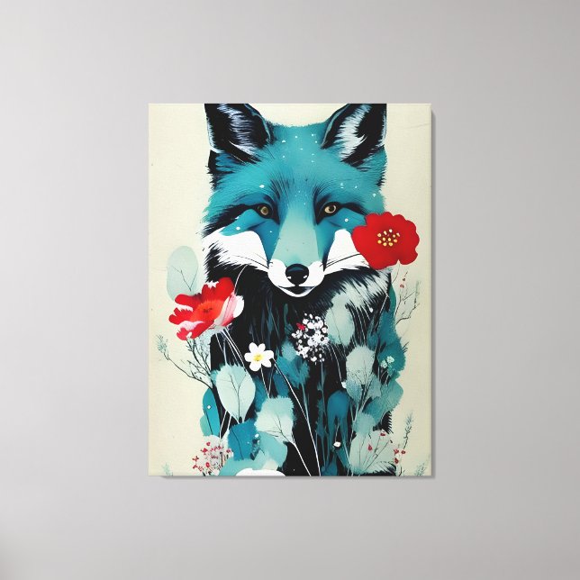 Blue Fox Red and White Flowers Canvas Print (Front)