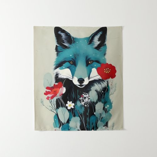 Blue Fox Red and White Flowers Tapestry