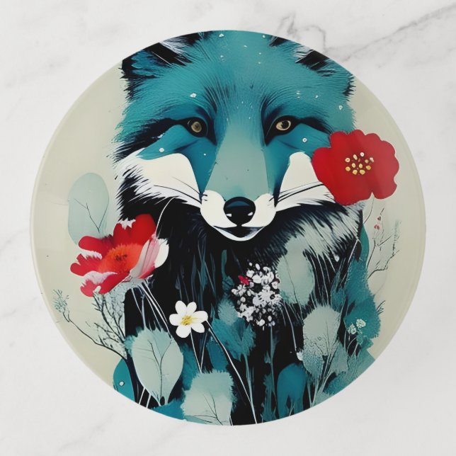 Blue Fox Red and White Flowers Trinket Tray (Front)
