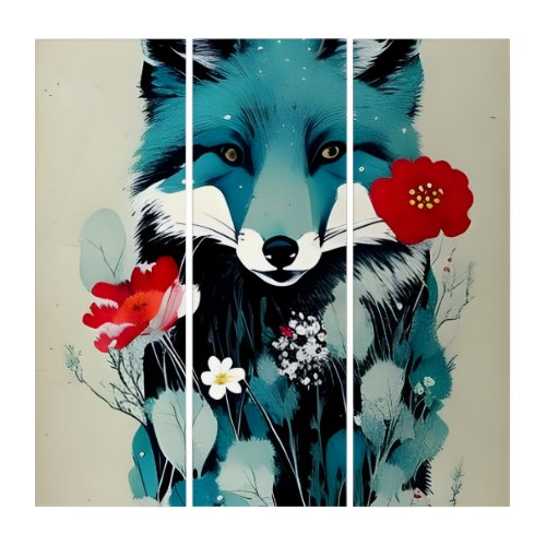 Blue Fox Red and White Flowers Triptych