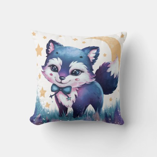 Blue Fox with Crescent Moon Light Throw Pillow