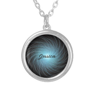 Blue Fractal Cosmic Swirl Personalised Cool Silver Plated Necklace