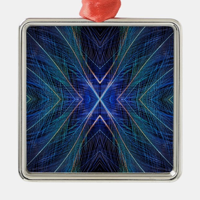 Blue Fractal Feather Design Metal Ornament (Front)