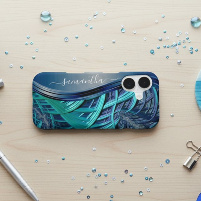 Blue Fractal Lines Metallic Handwritten Monogram Case-Mate iPhone Case (Creator Uploaded)