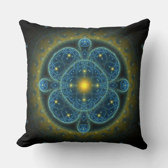 Blue fractal ornate pattern mandala throw pillow (Front)
