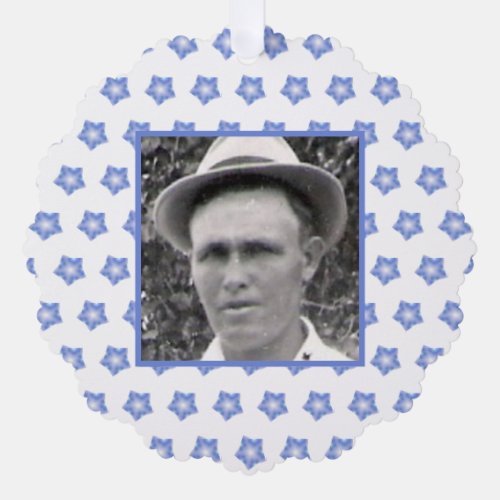 Blue Fractal Stars on White  Ancestor Photo Ornament Card