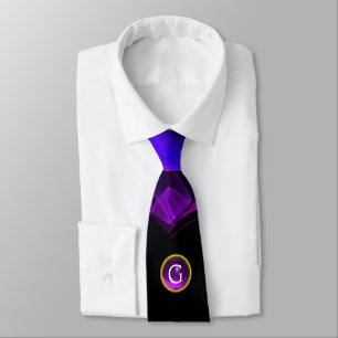 BLUE FRACTAL WAVES AND SWIRLS, PURPLE GEM MONOGRAM NECK TIE