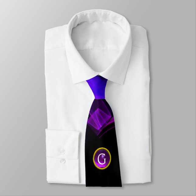 BLUE FRACTAL WAVES AND SWIRLS, PURPLE GEM MONOGRAM NECK TIE (Tied)