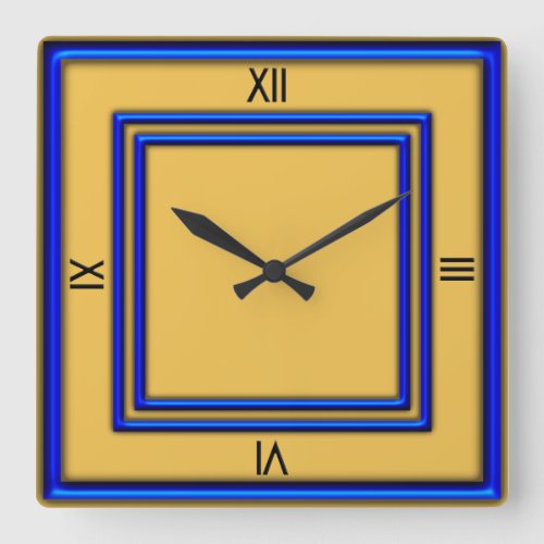 Blue Frame 4 Black Numerals Gold Square Wall Clock