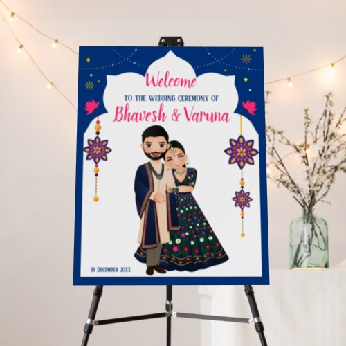 Blue frame Hindu couple welcome sign 