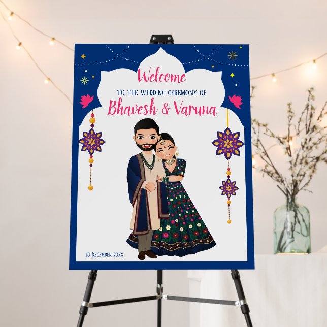 Blue frame Hindu couple welcome sign  (In Situ (Stand))