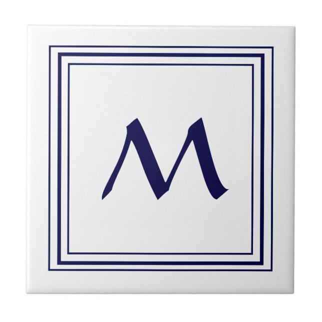 Blue Frame Monogram Letter M Minimalistic Ceramic Tile (Front)