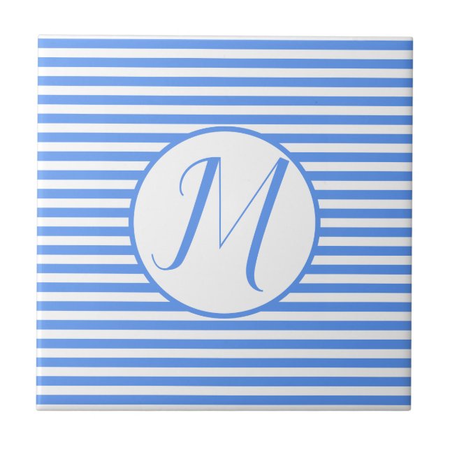 Blue Frame Monogram Letter M Stripes Ceramic Tile (Front)
