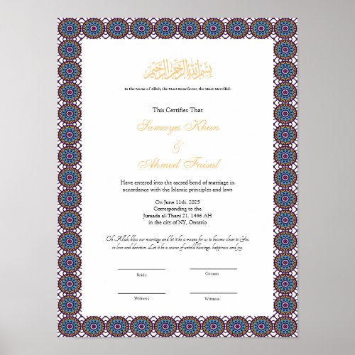 Blue frame Muslim nikkah certificate poster
