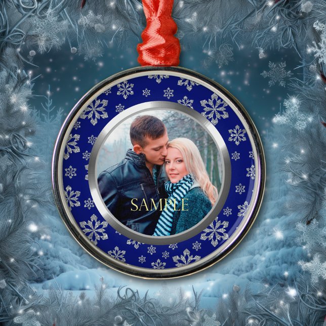 Blue Frame Silver Snowflake Template Metal Ornament (Creator Uploaded)