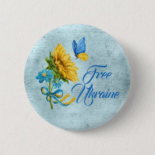 Blue Free Ukraine Sunflower & Butterfly Button