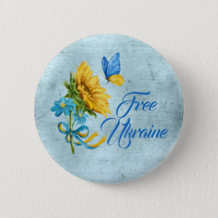 Blue Free Ukraine Sunflower & Butterfly   Button