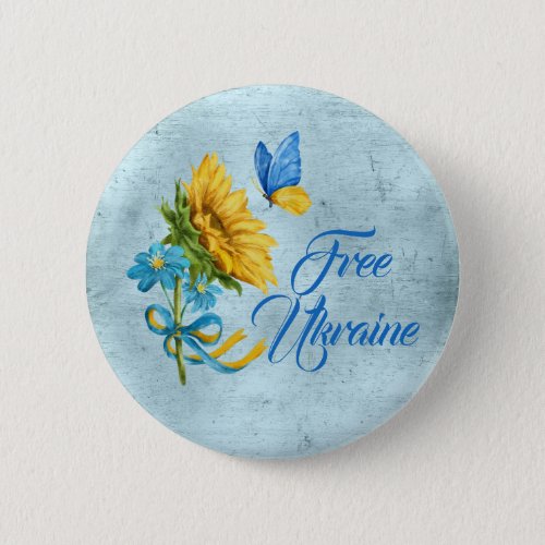 Blue Free Ukraine Sunflower  Butterfly   Button