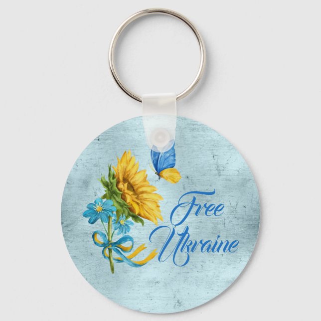 Blue Free Ukraine Sunflower & Butterfly  Keychain (Front)
