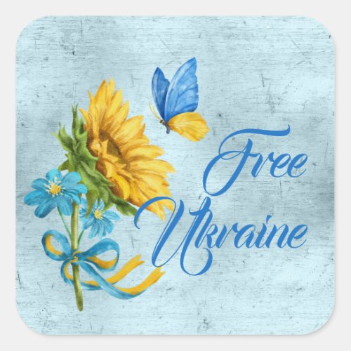 Blue Free Ukraine Sunflower  Butterfly  Square Sticker