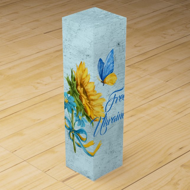 Blue Free Ukraine Sunflower & Butterfly  Wine Box (Front)