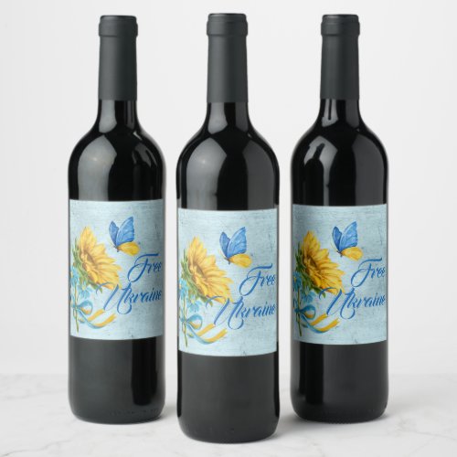 Blue Free Ukraine Sunflower  Butterfly  Wine Label