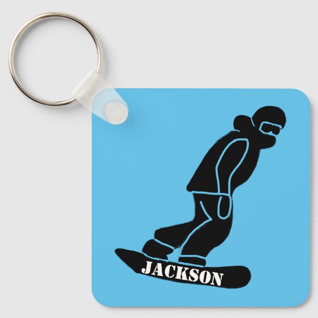 Blue Freeride Snowboarder Snowboarding Stencil Keychain (Front)