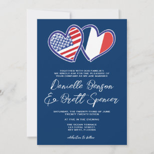 Blue French American Heart Flags Wedding Invitation