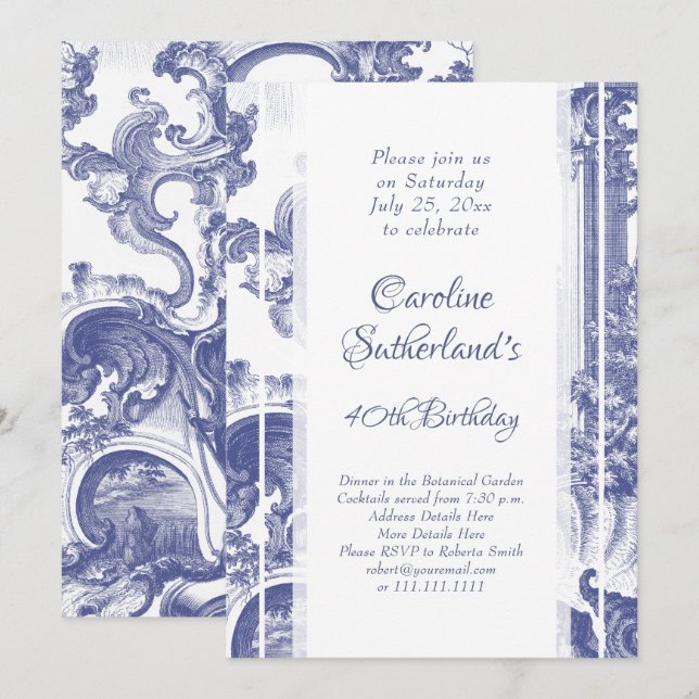Blue French Baroque Toile Birthday Party Invitation (Front/Back)