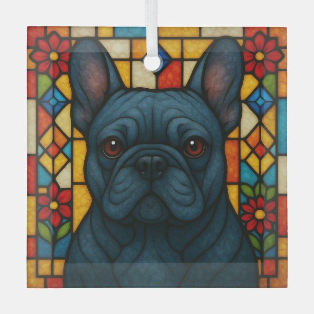 Blue French Bulldog Dog "Stained Glass" Glass Ornament (Front)