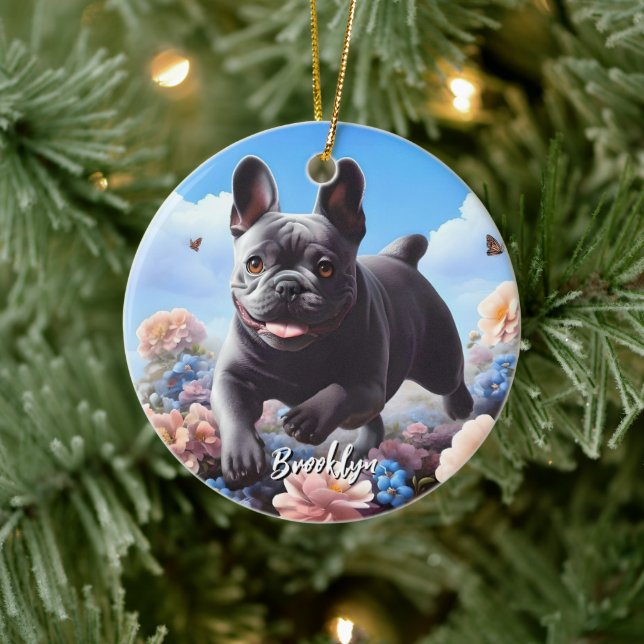 Blue French Bulldog & Flowers  Ceramic Ornament (Tree)