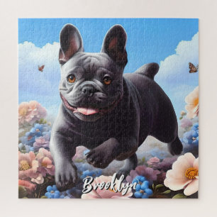 Blue French Bulldog & Flowers  Jigsaw Puzzle