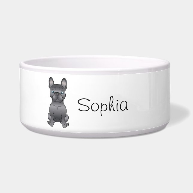 Blue French Bulldog / Frenchie Cartoon Dog & Name Bowl (Front)