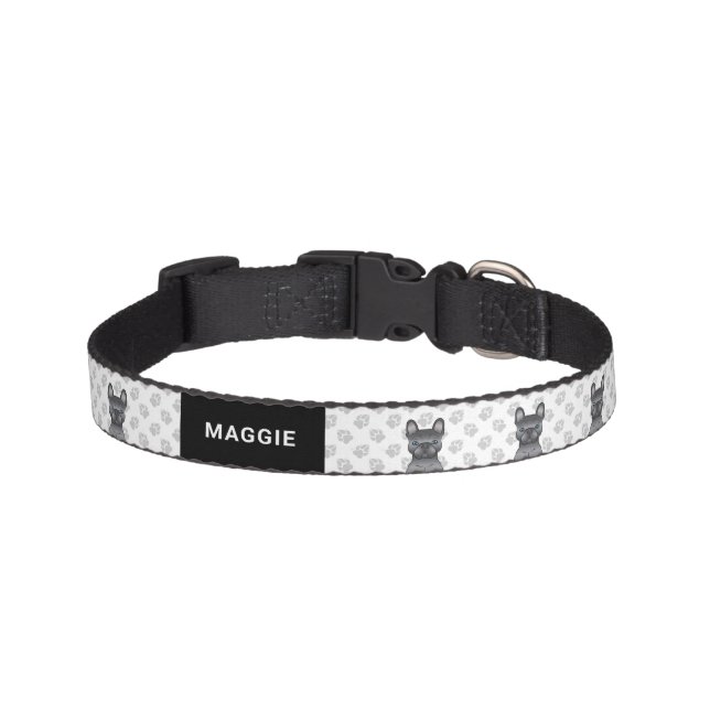 Blue French Bulldog / Frenchie Cartoon Dog & Name Pet Collar (Front)