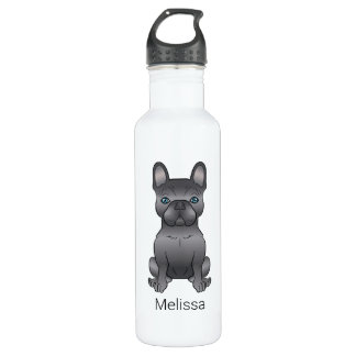 Blue French Bulldog / Frenchie Cartoon Dog &amp; Name Stainless Steel Water Bottle