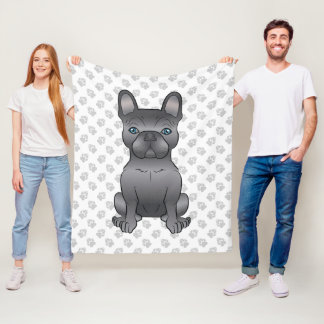 Blue French Bulldog / Frenchie Cartoon Dog & Paws Fleece Blanket