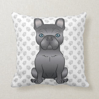 Blue French Bulldog / Frenchie Cartoon Dog &amp; Paws Throw Pillow