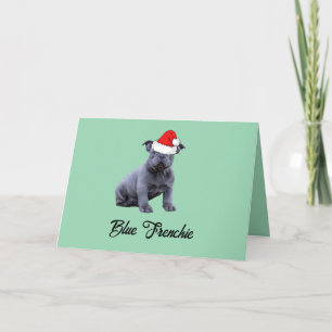 Blue French Bulldog Santa Hat Letterpress Thank You Card