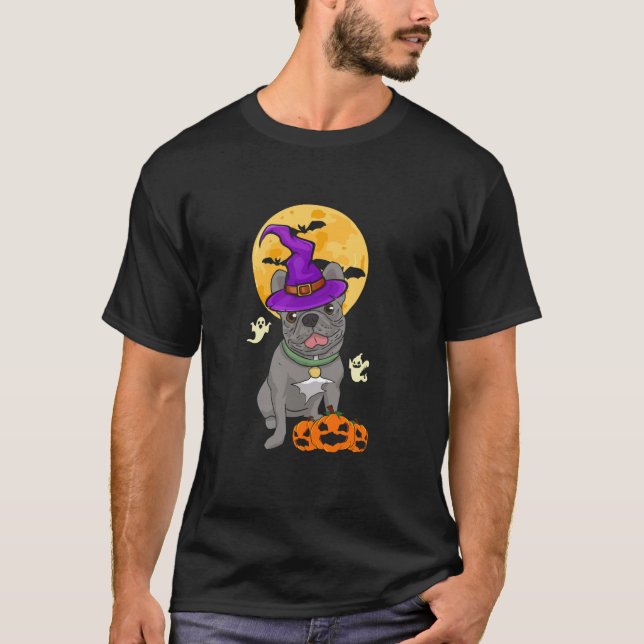 Blue French Bulldog Witch Halloween Costume Dog Lo T-Shirt (Front)