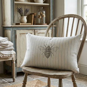 Blue French Country Bee Vintage Stripe Farmhouse Lumbar Pillow