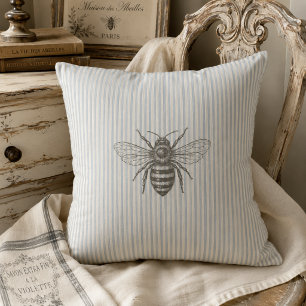 Blue French Country Bee Vintage Stripe Farmhouse Throw Pillow