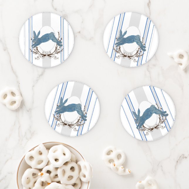 Blue French Country Bunny Rabbit Acrylic Coaster Set (In Situ)