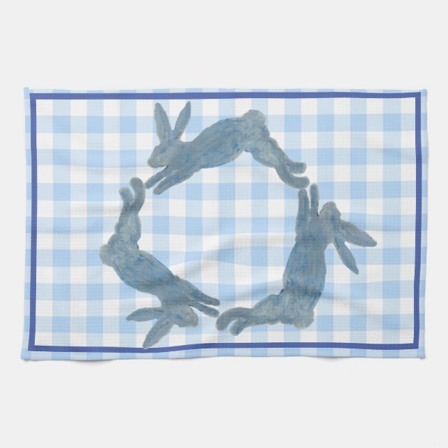 Blue French Country Bunny Rabbit Kitchen Towel (Horizontal)