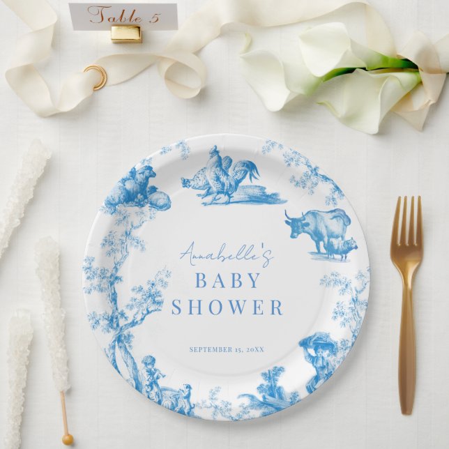 Blue French Country Farm Animal Boy Baby Shower Paper Plates (Wedding)