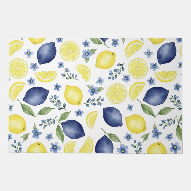 Blue French Country Lemon Pattern  Doormat (Front)