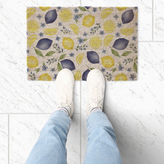 Blue French Country Lemon Pattern Fiber Doormat (Insitu)