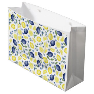 Blue French Country Lemon Pattern Large Gift Bag