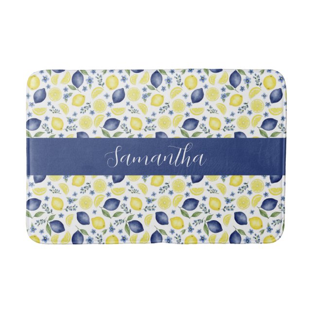 Blue French Country Lemon Pattern Monogram Name Bath Mat (Front)