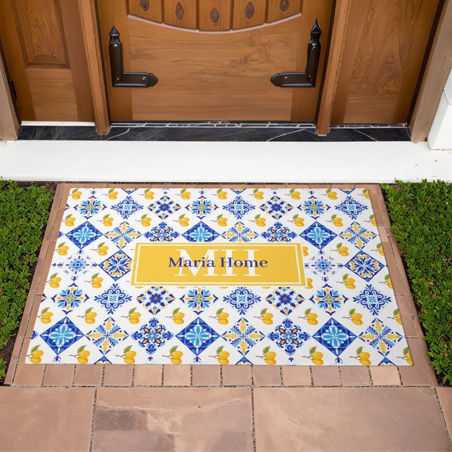 Blue French Country Lemon Pattern Monogram Name Doormat (Creator Uploaded)