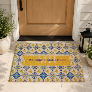 Blue French Country Lemon Pattern Monogram Name Fiber Doormat